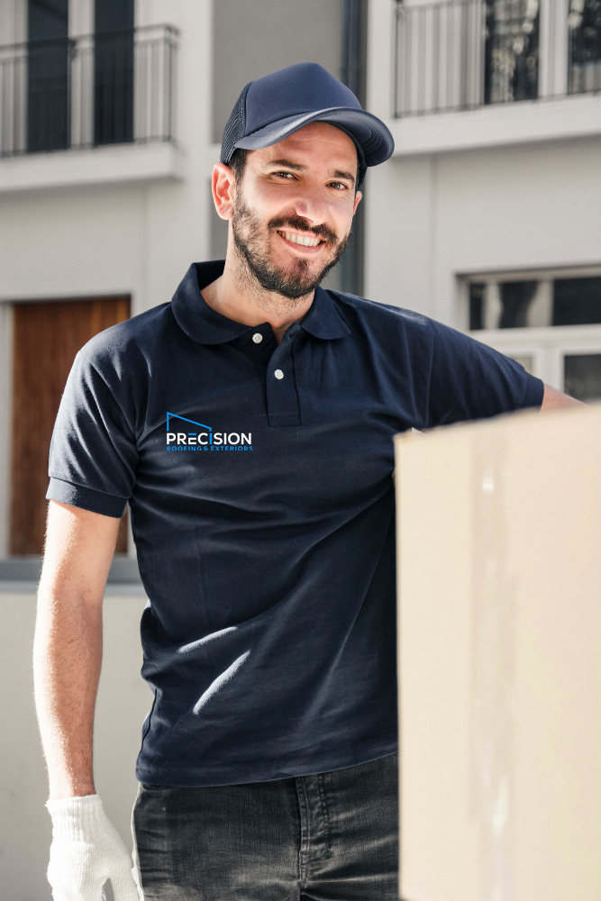 Professional roofing contractor greeting homeowner, residential roof installation and maintenance services